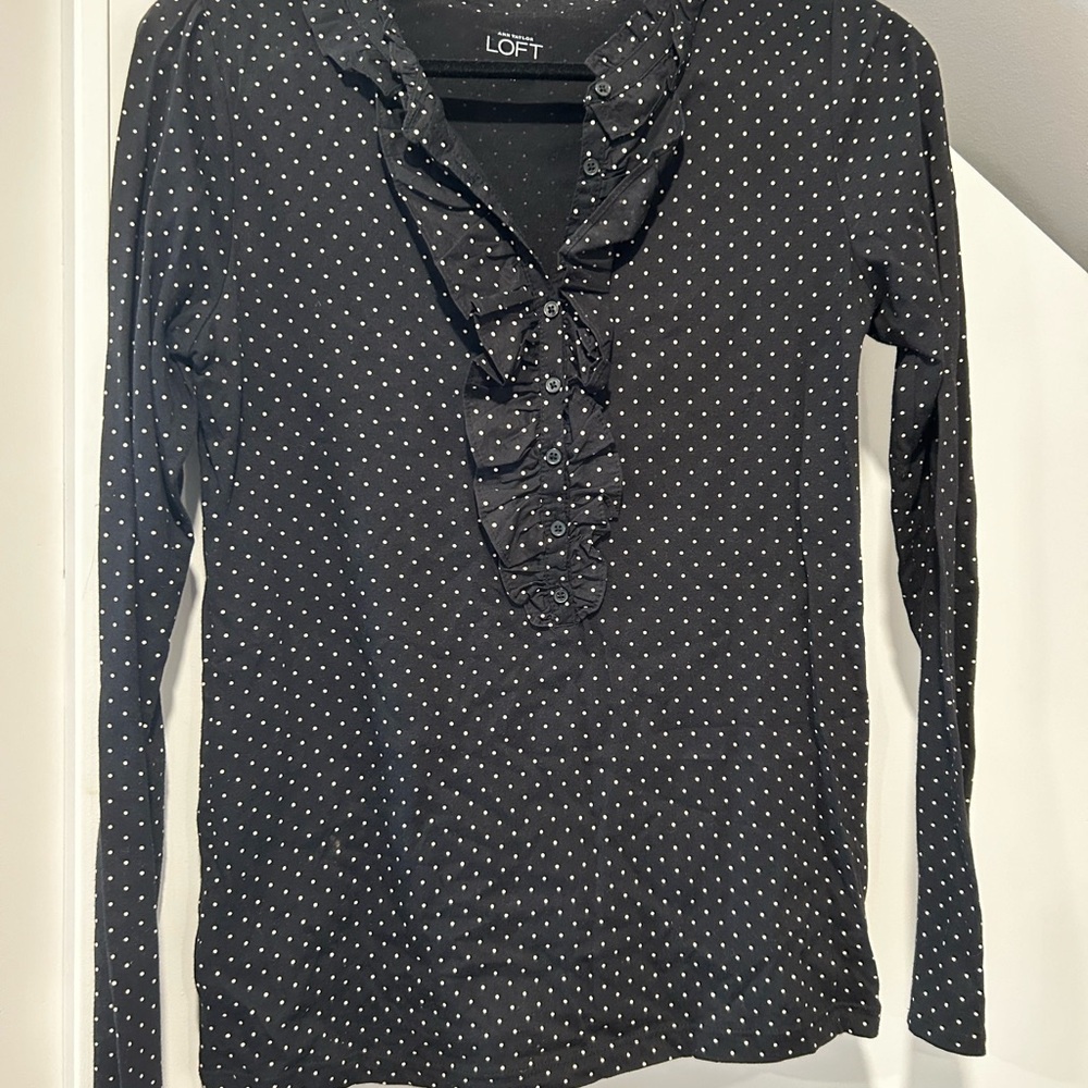 LOFT Black with light pink dots Ruffled Blouse